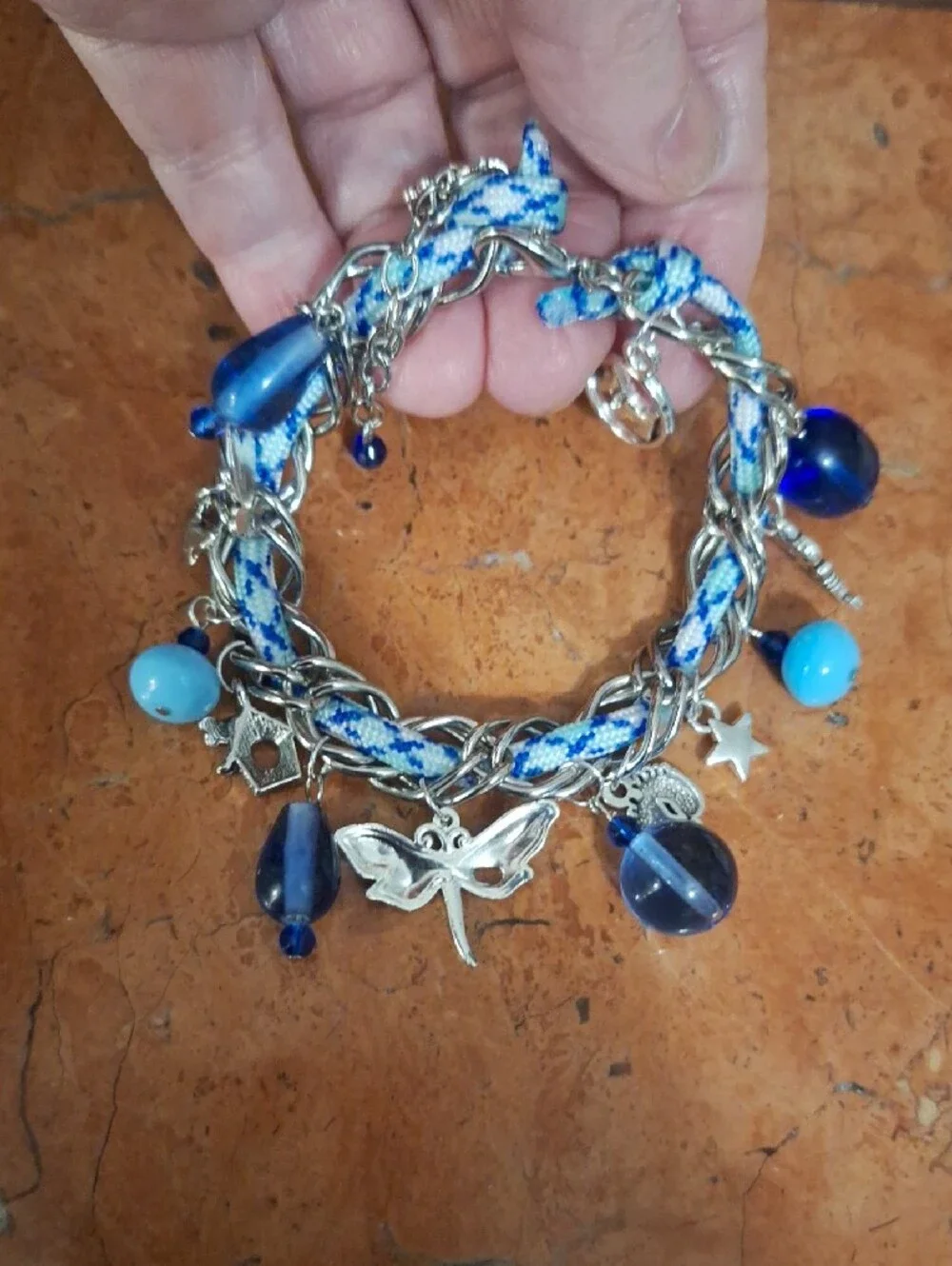 Silver Chain Charm Bracelet with Blue Glass Beads